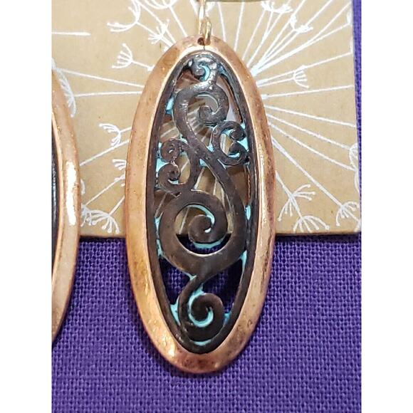 Copper Tone Metal Dangle Earrings, Oval Shape with Antiqued Bronze Scrollwork - Picture 3 of 10